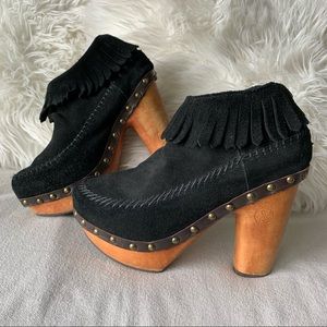 Flogg Suede Fringe Wooden Platform Heel Clogs